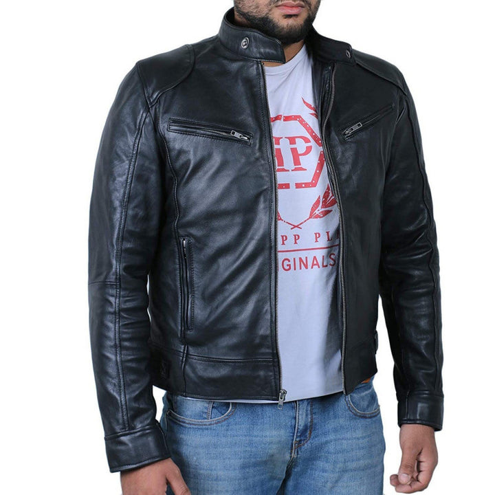 Herren Bikerjacke aus hochwertigem Leder mit kontrastierenden Nähten Aliams