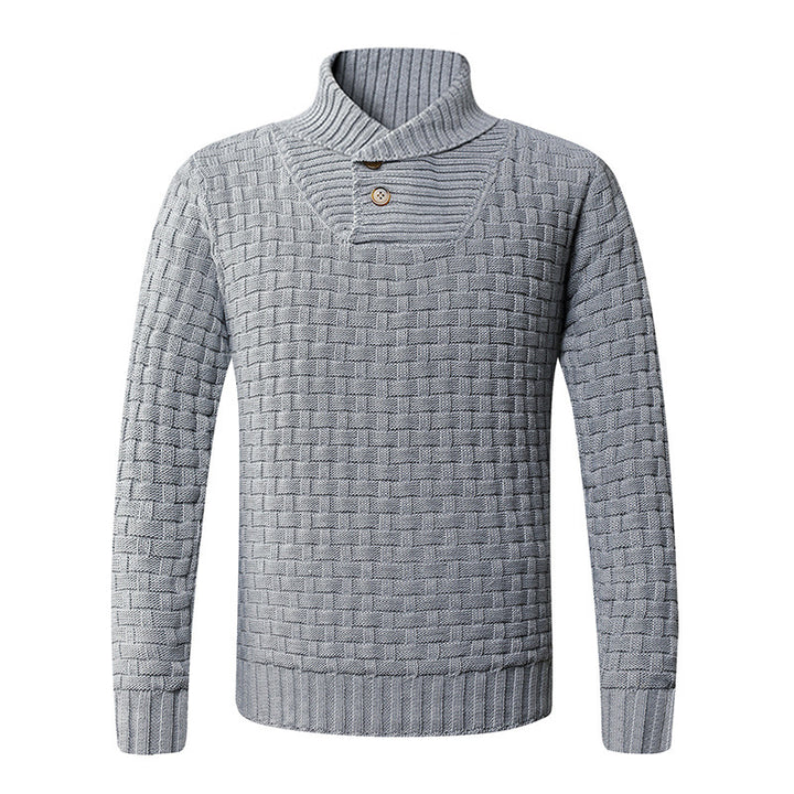 Herren strukturiertes Strickpullover mit Stehkragen und dekorativen Knöpfen Aliams