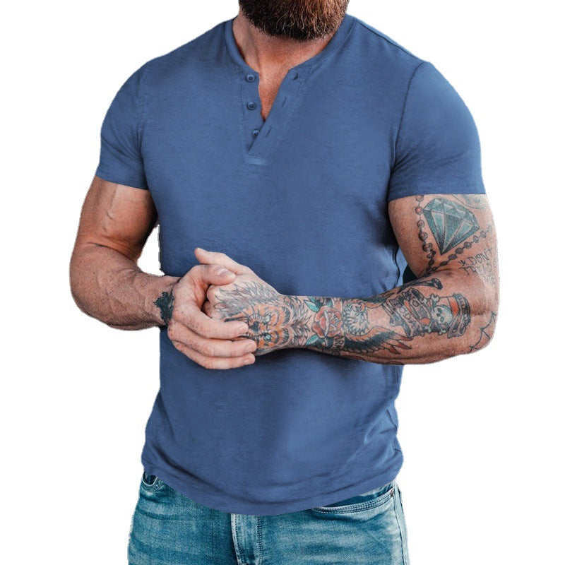 Herren Kurzarm-Henley-T-Shirt aus atmungsaktiver Baumwolle mit dekorativer Knopfleiste Aliams