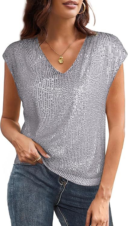 Damen Glitzerndes Oberteil mit V-Ausschnitt und Lockerer Passform Aliams