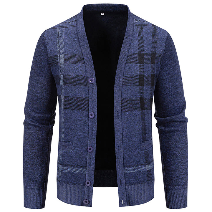 Herren stilvolle Strickjacke mit modernem Karomuster und praktischen Taschen Aliams