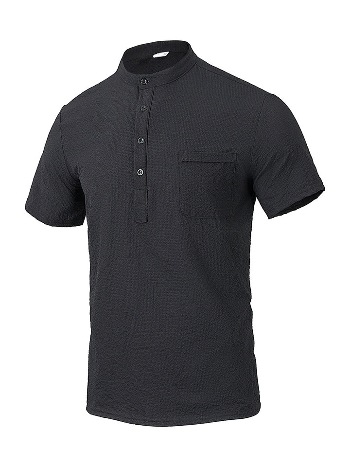 Herren Kurzarm-Hemd mit modernem Stehkragen und subtiler Struktur Aliams