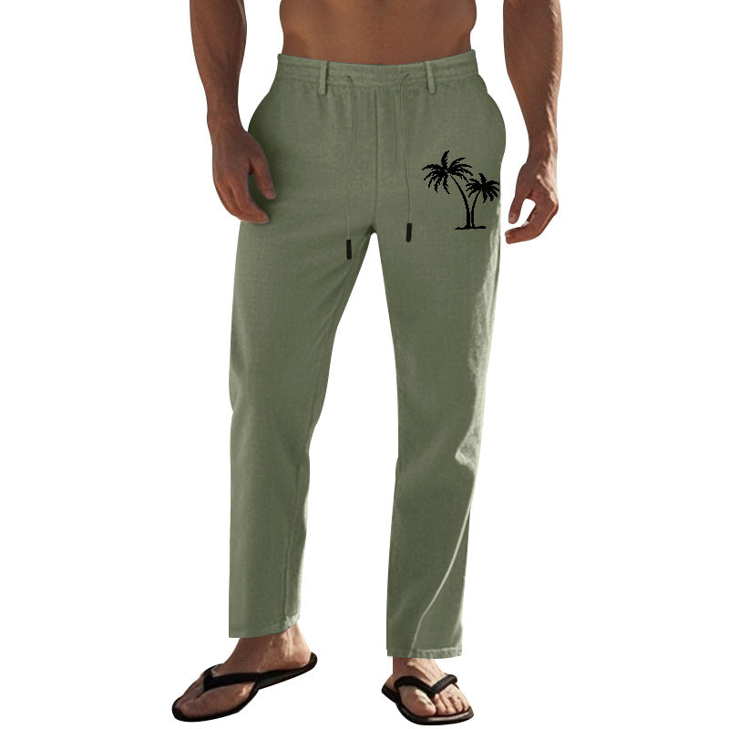 Herren Freizeithose aus leichtem Leinen mit verstellbarem Kordelzug und seitlichem Palmenmotiv Aliams