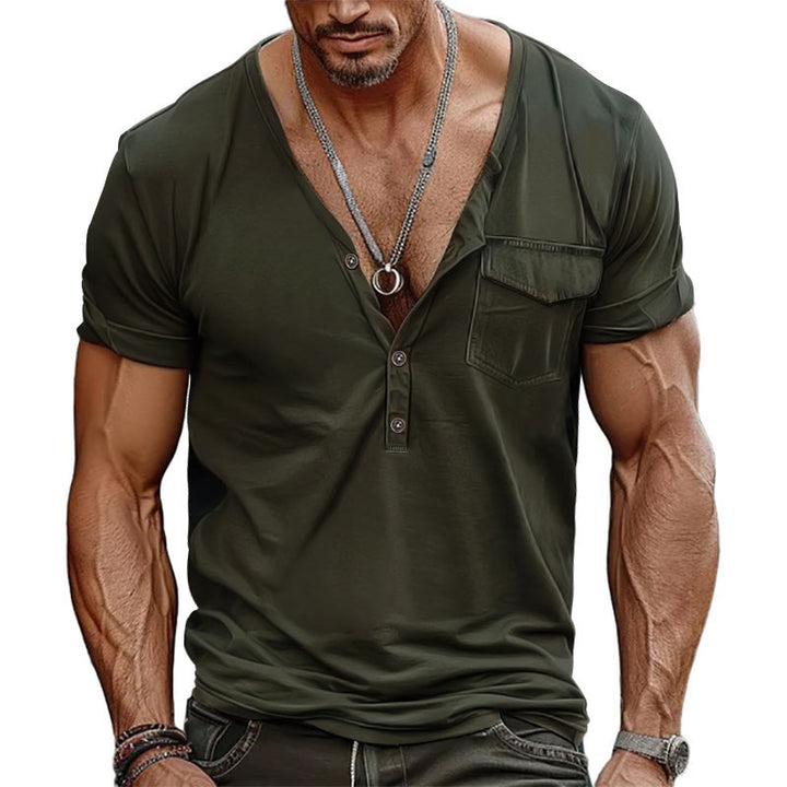 Herren Kurzarm-Henley-T-Shirt mit dekorativer Brusttasche und modernem Schnitt Aliams