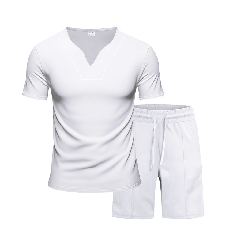 Herren Sportliches Freizeit-Set mit atmungsaktivem V-Ausschnitt T-Shirt und elastischen Shorts Aliams