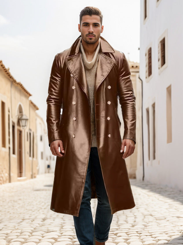Herren Eleganter Kunstleder-Trenchcoat mit doppelt geknöpftem Design Aliams