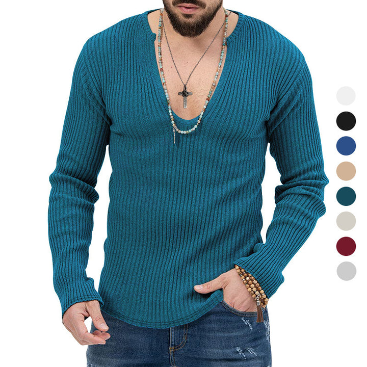 Herren elegantes Langarmshirt mit tiefem V-Ausschnitt und strukturiertem Gewebe Aliams