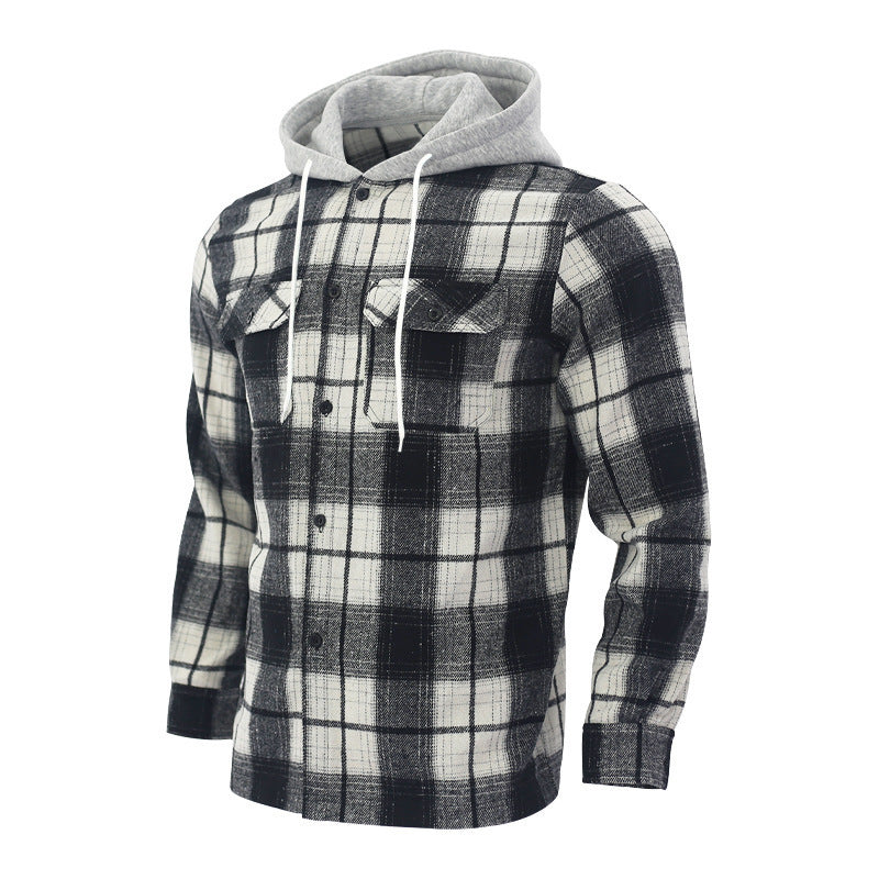 Herren Karierte Flanelljacke mit Hoodie und zwei Brusttaschen Aliams