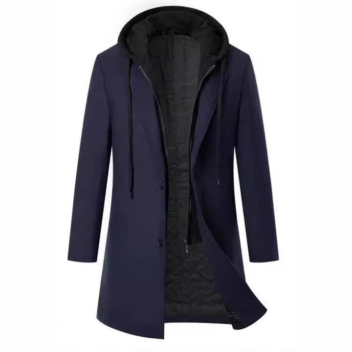 Herren eleganter Melton-Mantel mit abnehmbarer Kapuze und praktischen Taschen Aliams