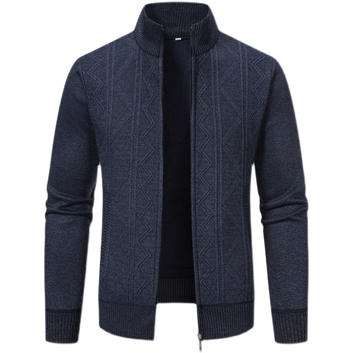 Herren elegante Strickjacke mit strukturiertem Zopfmuster und hohem Kragen Aliams