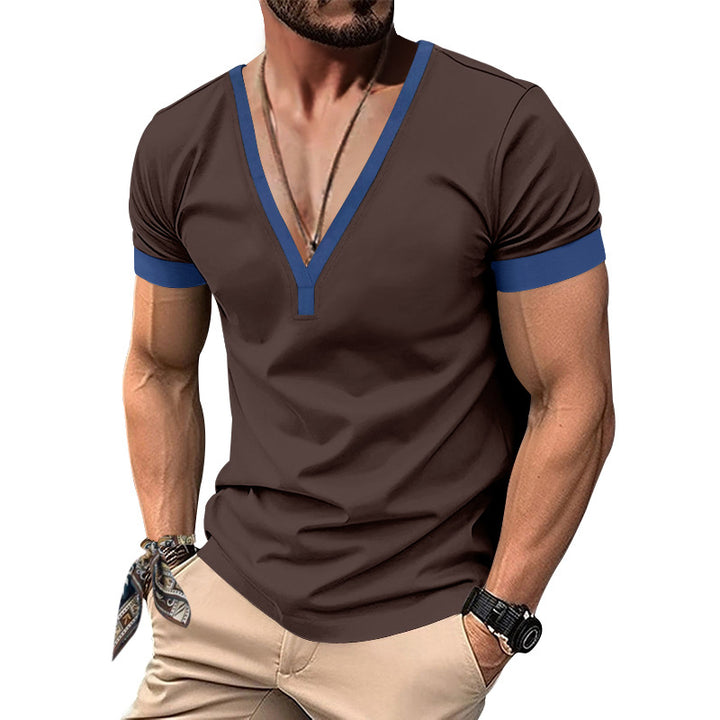 Herren V-Ausschnitt T-Shirt mit kontrastierenden Ärmeln und atmungsaktiver Baumwolle Aliams