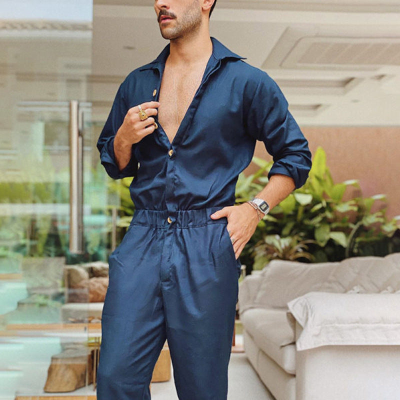Herren Jumpsuit mit elegante Knopfleiste und praktischem Taillenkordelzug Aliams