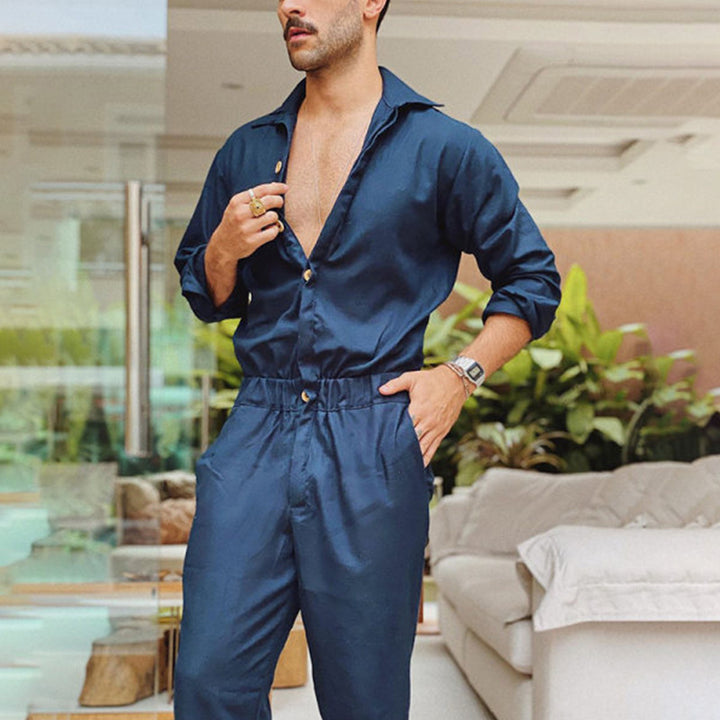Herren Jumpsuit mit elegante Knopfleiste und praktischem Taillenkordelzug Aliams