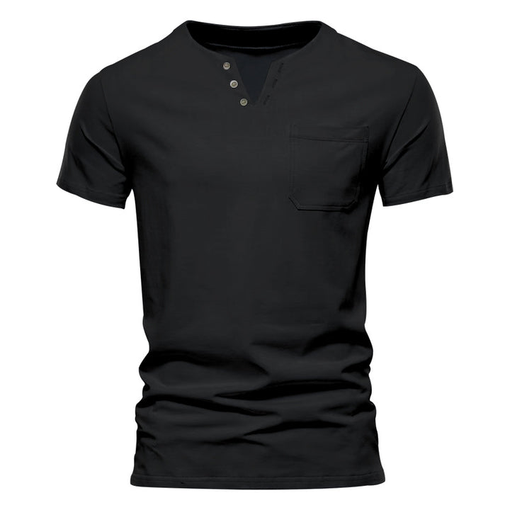Herren Kurzarm-Henley-T-Shirt mit praktischer Brusttasche und anpassbarem Knopfverschluss Aliams
