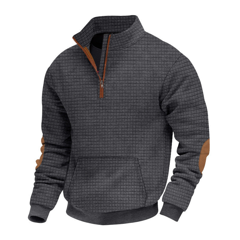 Herren sportlicher Fleece-Pullover mit halbem Reißverschluss und eleganten Ellbogen-Patches Aliams