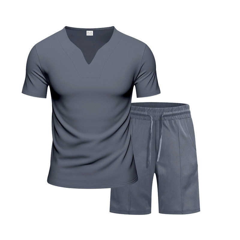 Herren Sportliches Freizeit-Set mit atmungsaktivem V-Ausschnitt T-Shirt und elastischen Shorts Aliams