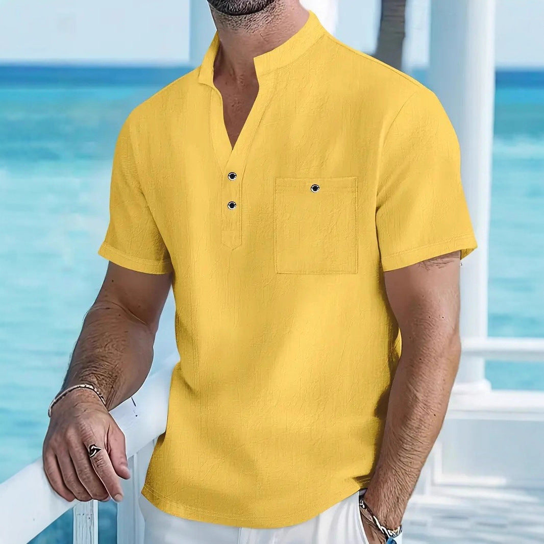 Herren Kurzarm-Hemd mit modischem Stehkragen und Knopfdetails Aliams