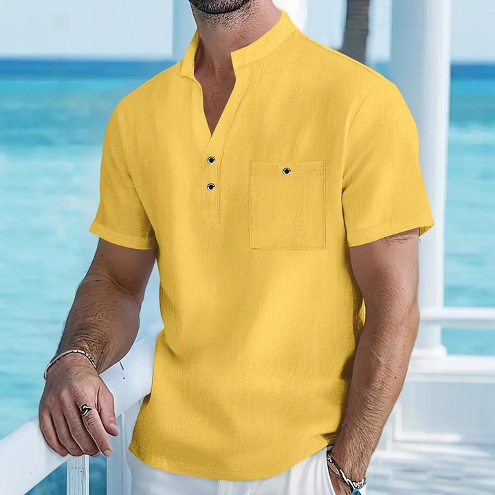 Herren Kurzarm-Hemd mit modischem Stehkragen und Knopfdetails Aliams