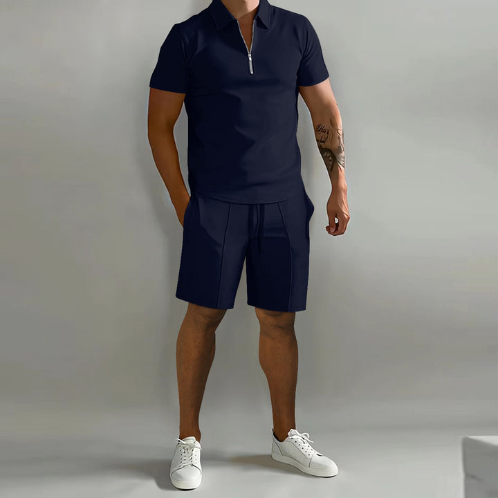 Herren sportliches Kurzarm-Poloshirt mit Reißverschluss und passenden Shorts Aliams