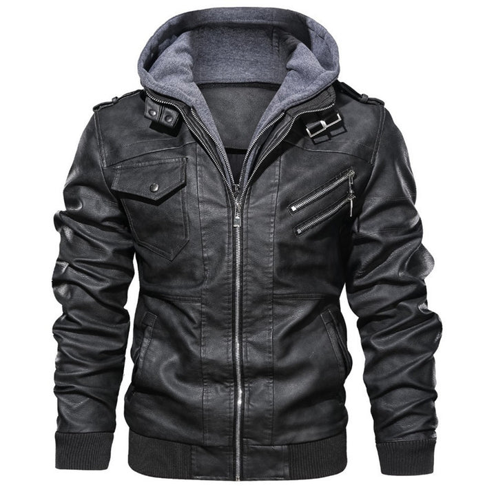 Herren Kunstlederjacke mit abnehmbarer Kapuze und stylischen Taschen Aliams