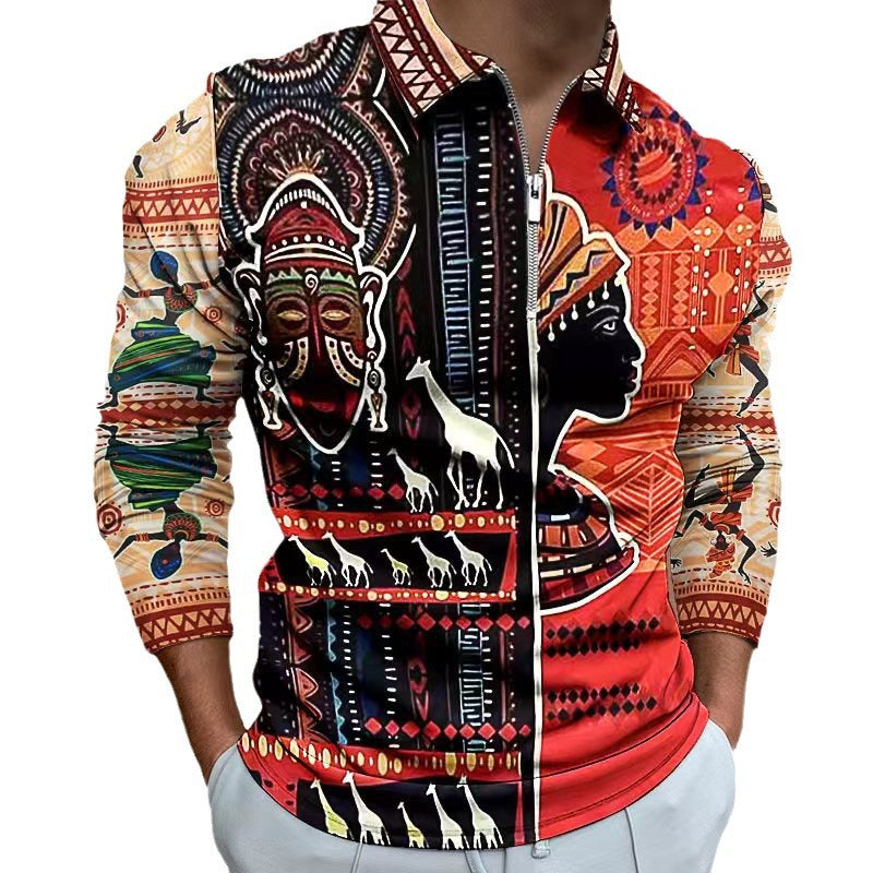 Herren Zip-Up Shirt mit kunstvollem Ethno-Design und elastischen Ärmelabschlüssen Aliams