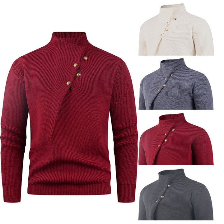 Herren Strickpullover mit asymmetrischem Kragen und dekorativen Holzknöpfen Aliams