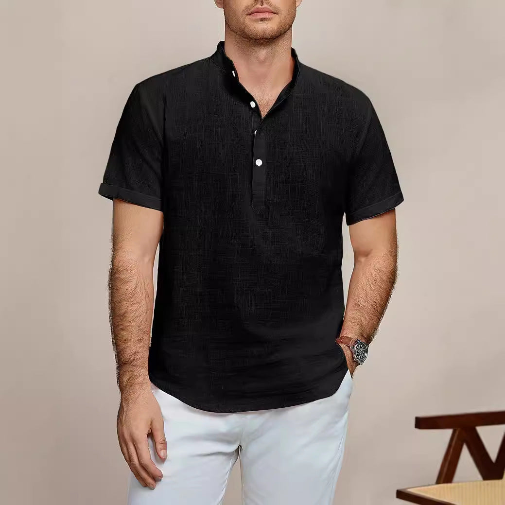 Herren Kurzarm Leinenhemd mit Stehkragen Aliams