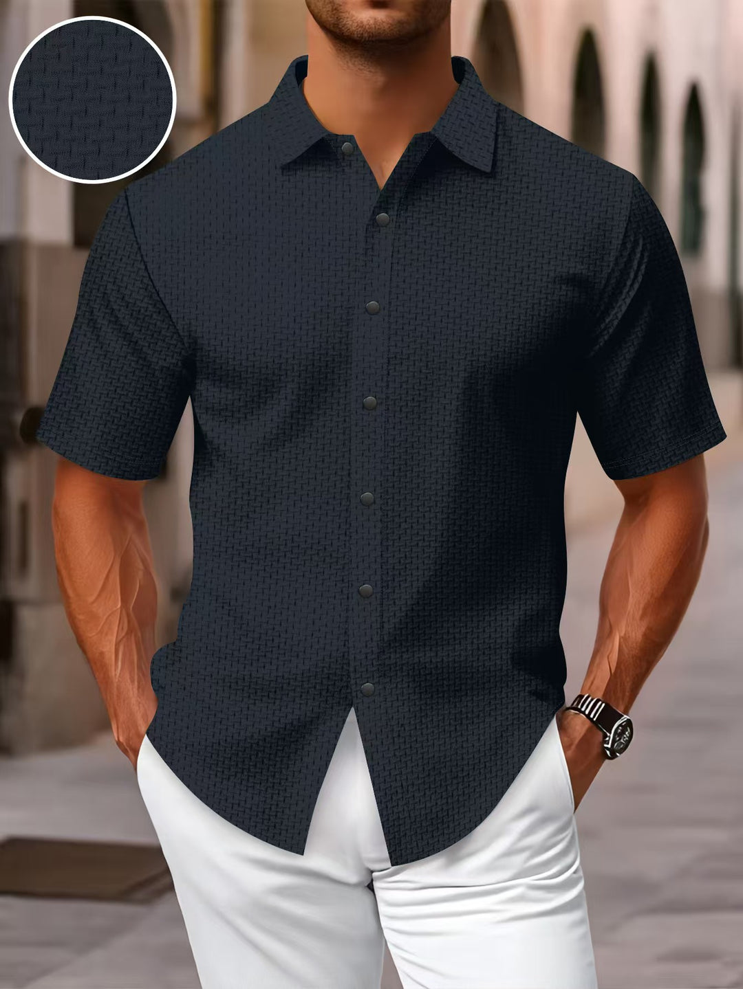 Herren Kurzarm-Hemd mit strukturiertem Muster und dezentem Kragen Aliams