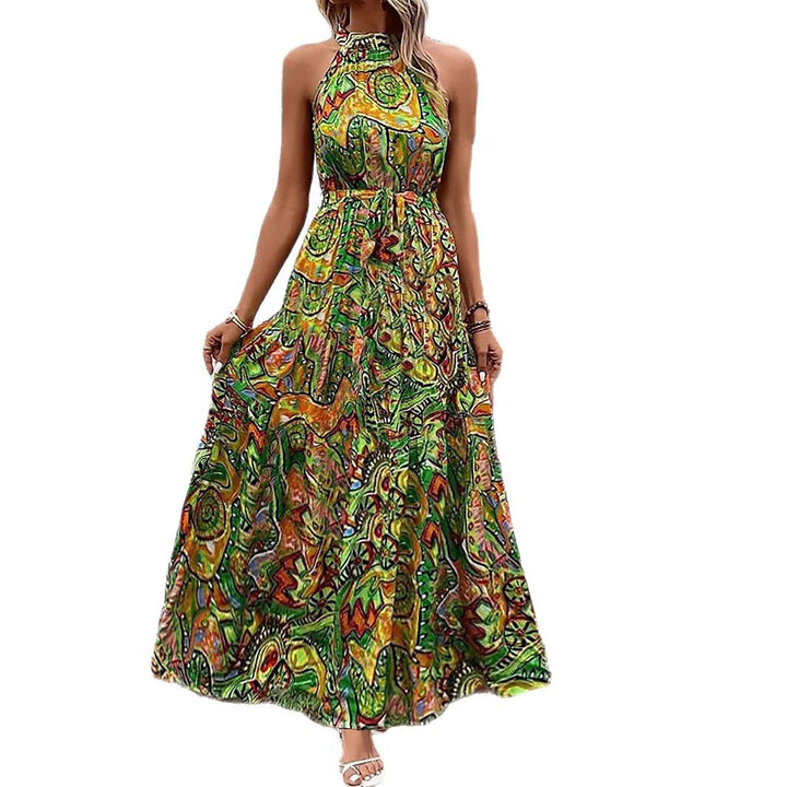 Damen Maxikleid Im Boho-Stil mit Elegantem Halterneck und Seitlichem Bindegürtel Aliams