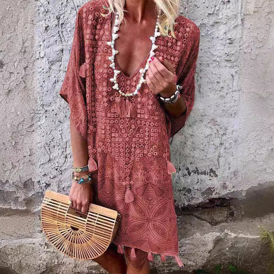 Damen Boho-Chic Kaftan mit V-Ausschnitt und Tassel-Details Aliams