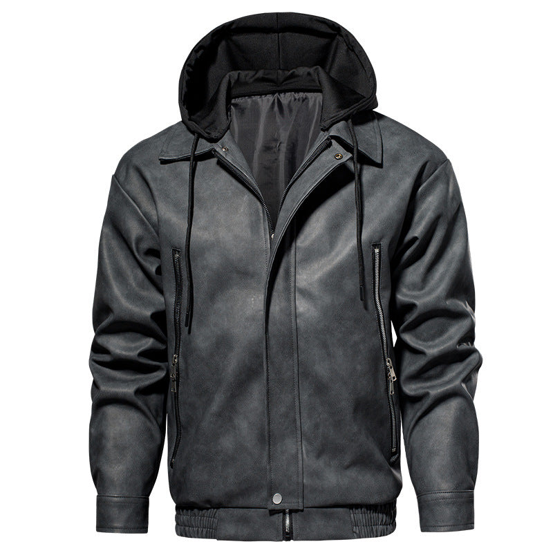 Herren Kunstlederjacke mit abnehmbarer Kapuze und elastischem Bund Aliams