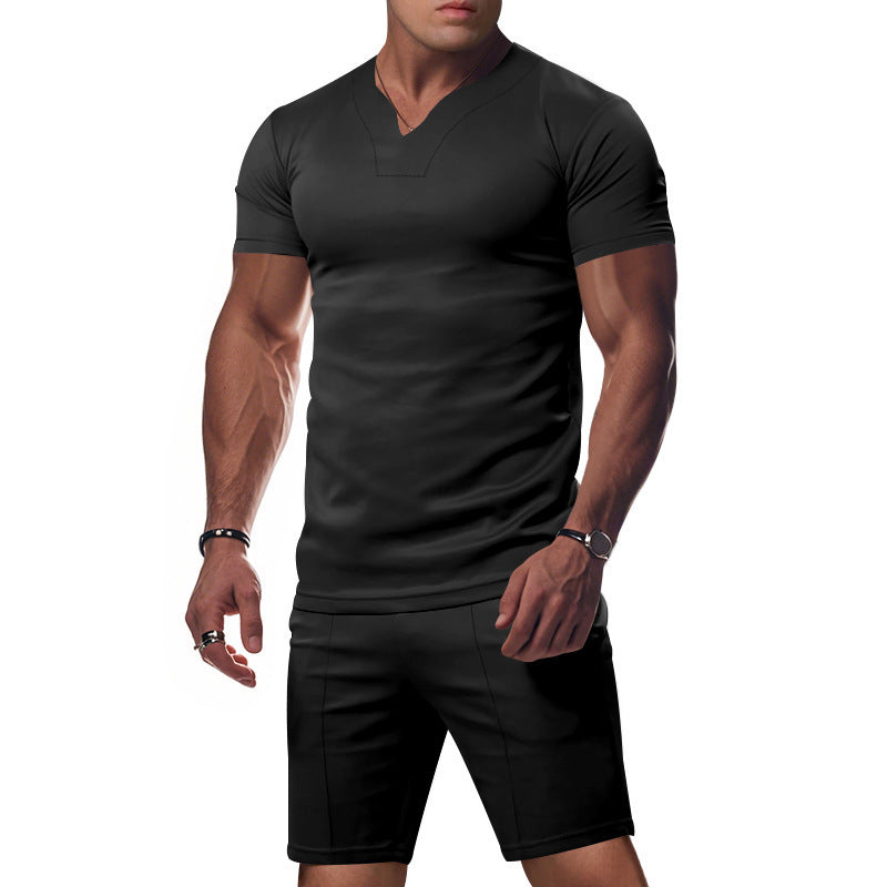 Herren sportliches Kurzarm-Outfit mit V-Ausschnitt und praktischen Taschen Aliams