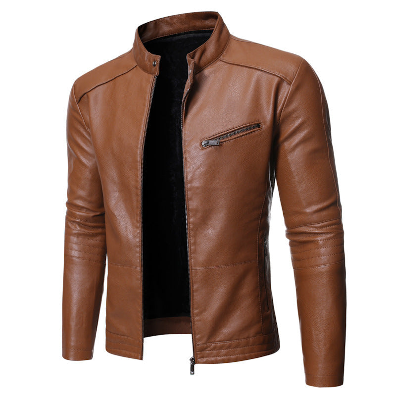 Herren elegante Kunstlederjacke mit modernem Stehkragen Aliams