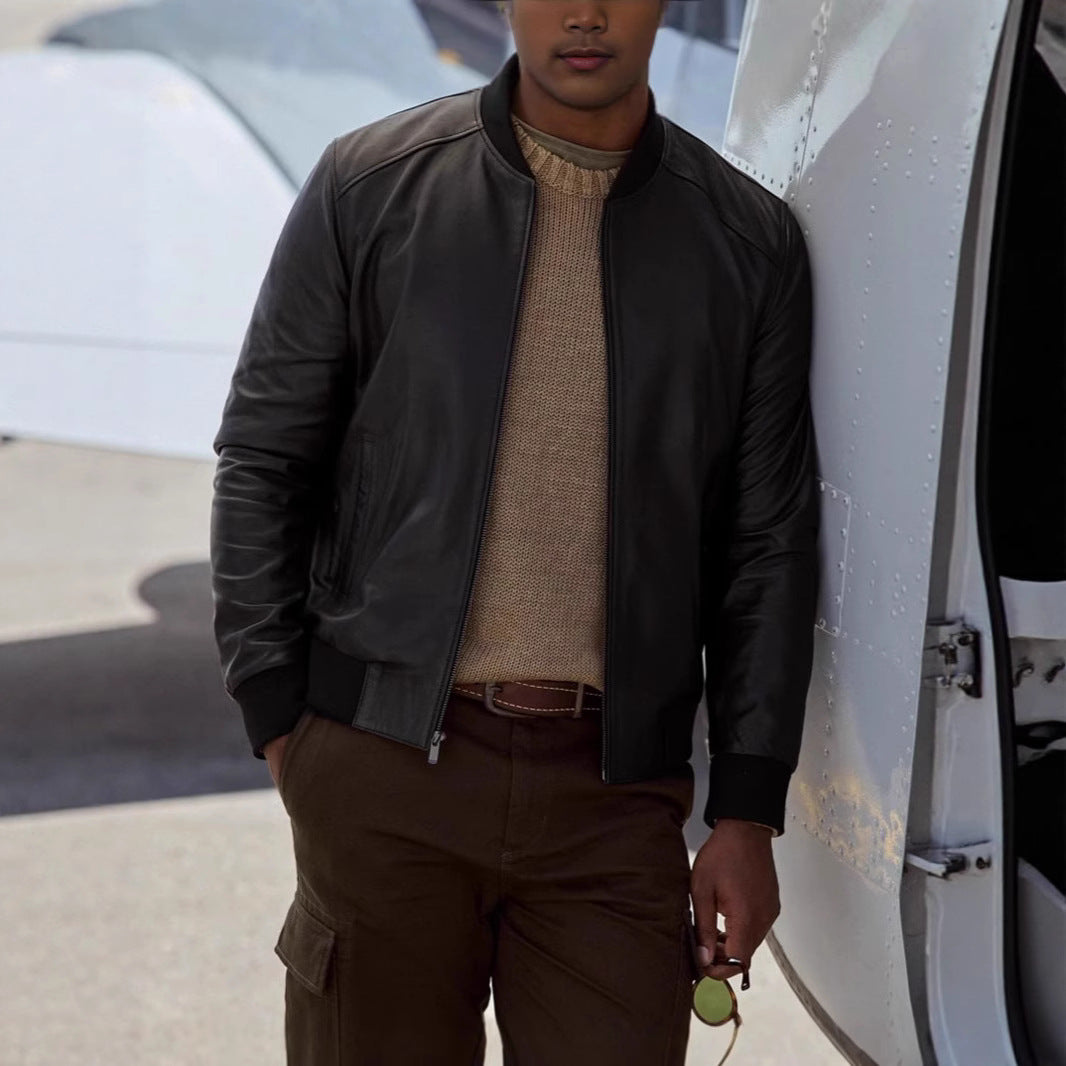 Herren klassische Lederjacke im Biker-Stil mit elastischem Bund Aliams