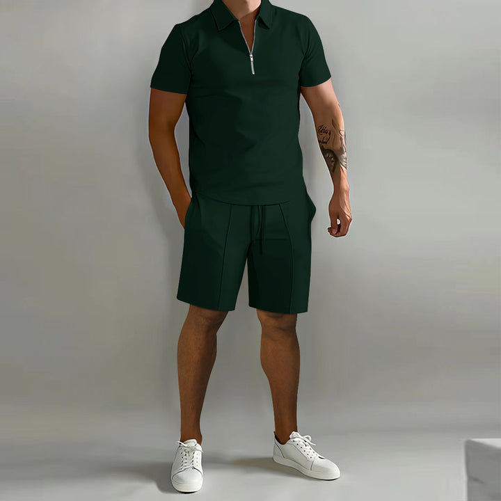 Herren sportliches Kurzarm-Poloshirt mit Reißverschluss und passenden Shorts Aliams