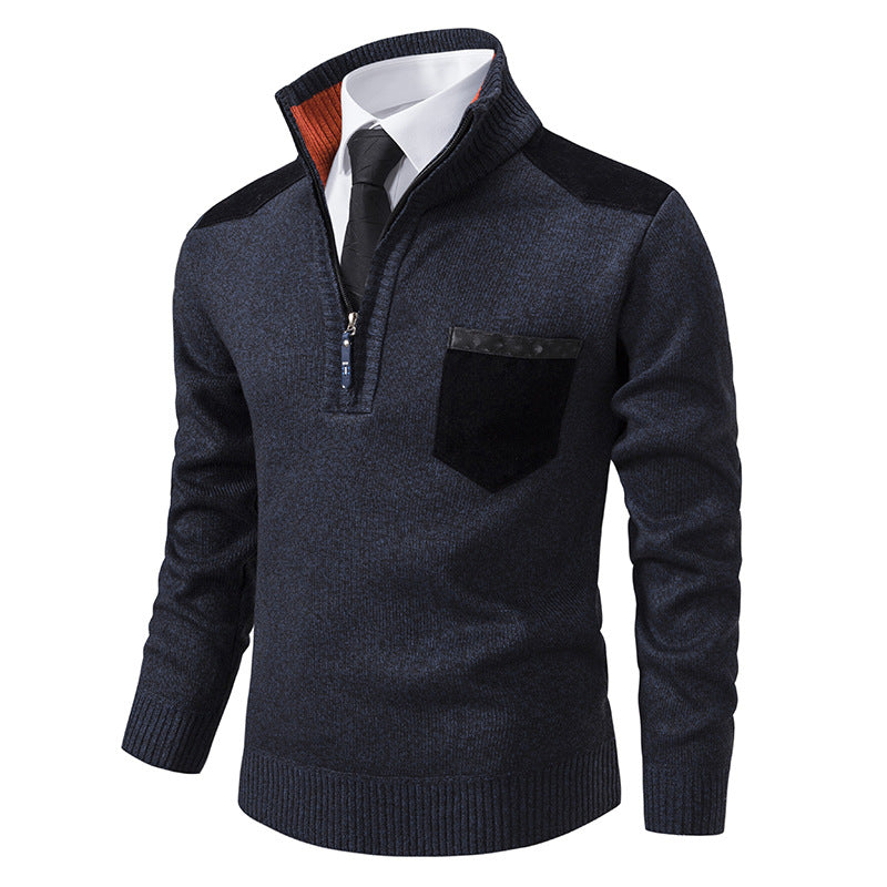 Herren elegante Strickpullover mit halben Reißverschluss und praktischem Taschenlayout Aliams