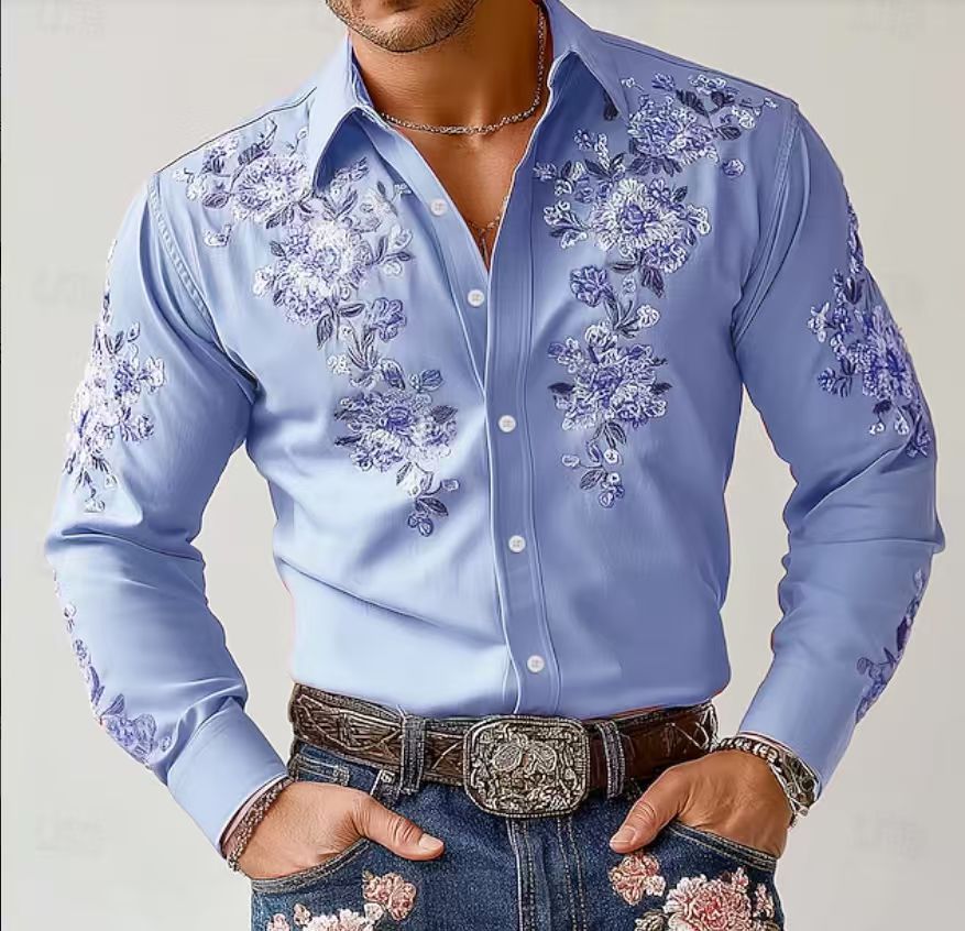 Herren Elegantes Langarmhemd mit floraler Stickerei Aliams