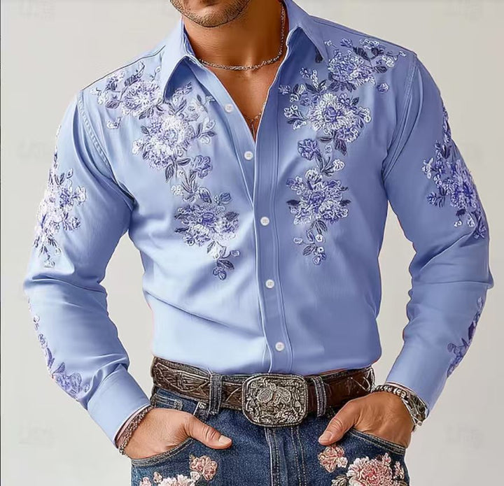 Herren Elegantes Langarmhemd mit floraler Stickerei Aliams