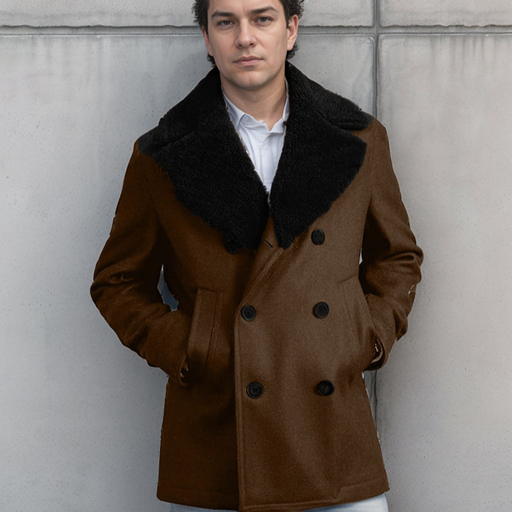 Herren elegante Wolle-Mantel mit hochgeschlossenem Fellkragen Aliams