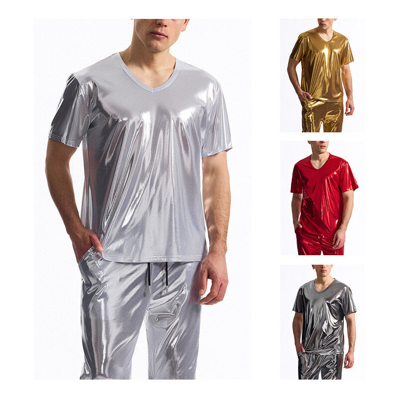 Herren glänzendes V-Ausschnitt T-Shirt im metallischen Look Aliams