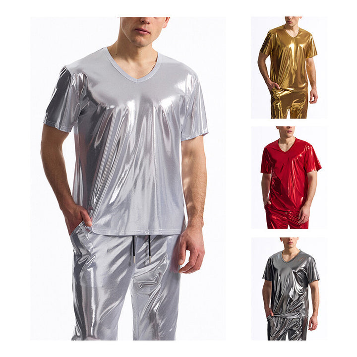 Herren glänzendes V-Ausschnitt T-Shirt im metallischen Look Aliams