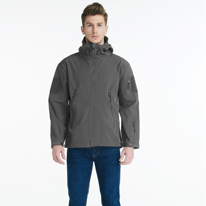 Herren taktische Softshelljacke mit zahlreichen Reißverschlusstaschen und verstellbarem Kapuzenkragen Aliams