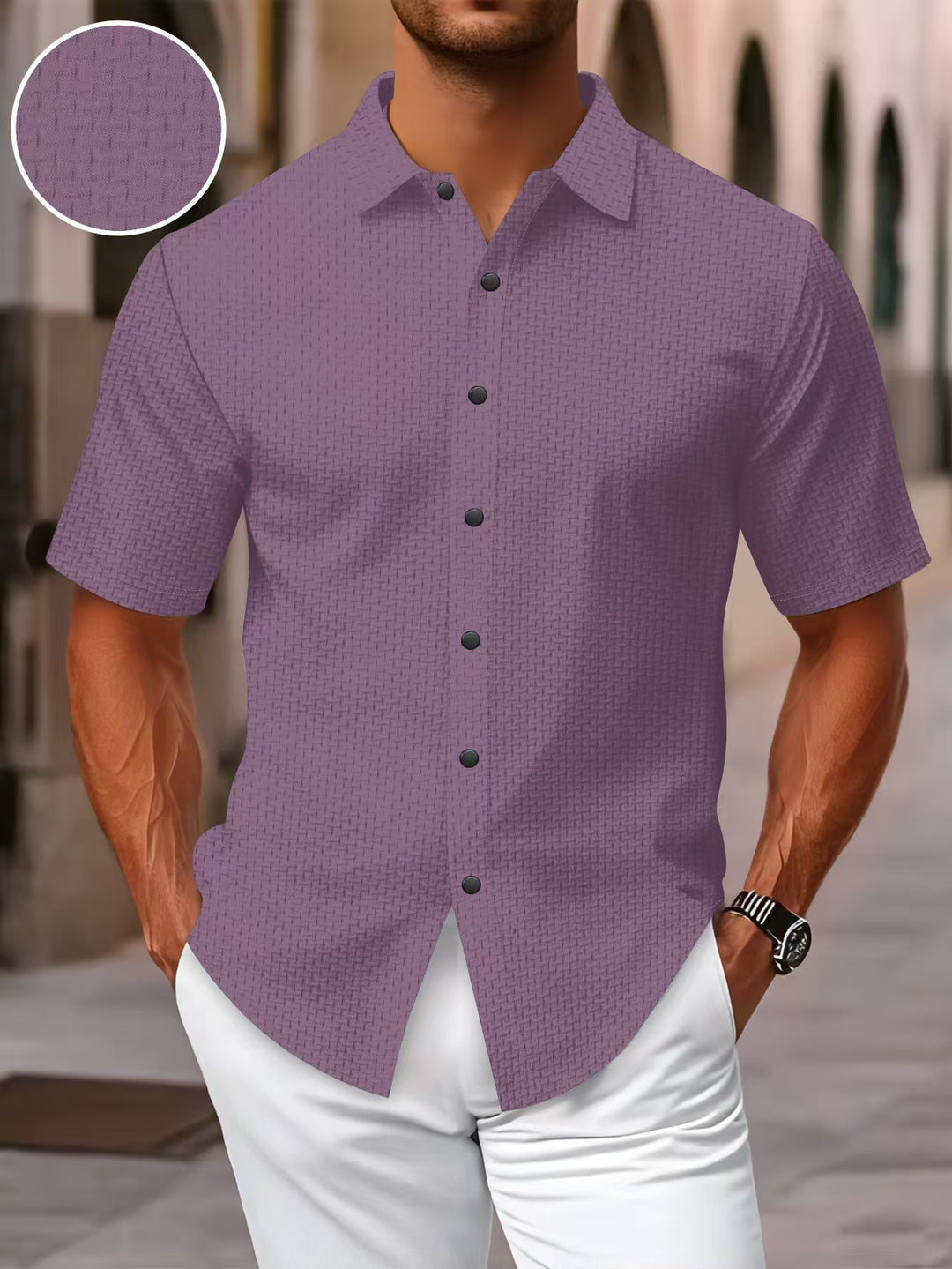 Herren Kurzarm-Hemd mit strukturiertem Muster und dezentem Kragen Aliams