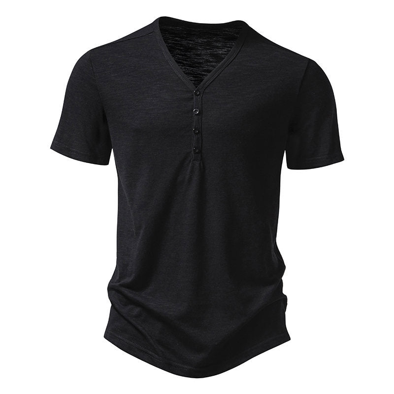 Herren Kurzarm-Henley-Shirt mit V-Ausschnitt und Knopfleiste Aliams