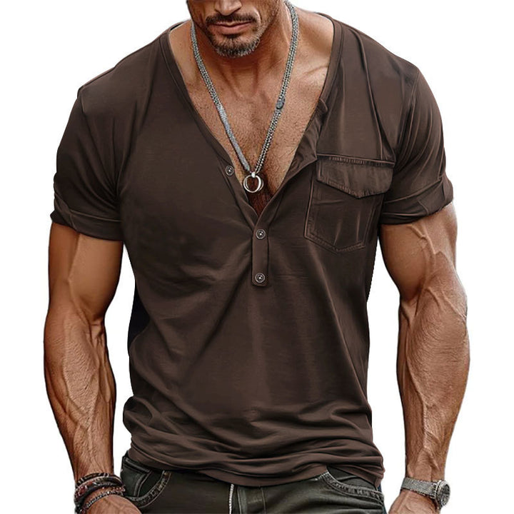 Herren V-Ausschnitt Henley-T-Shirt mit Brusttasche und atmungsaktiver Baumwolle Aliams
