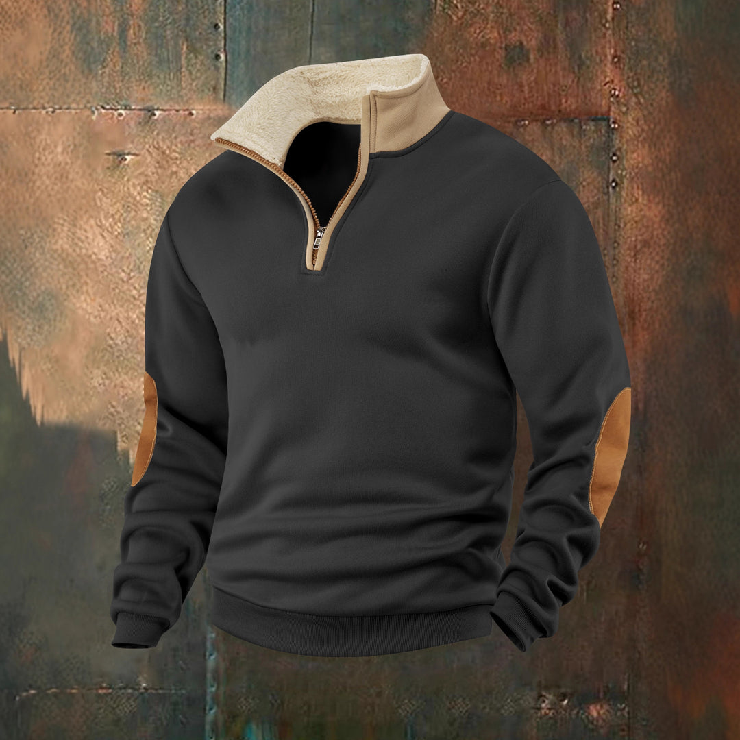 Herren Fleece-Pullover mit hochabschließendem Kragen und modischen Lederapplikationen Aliams