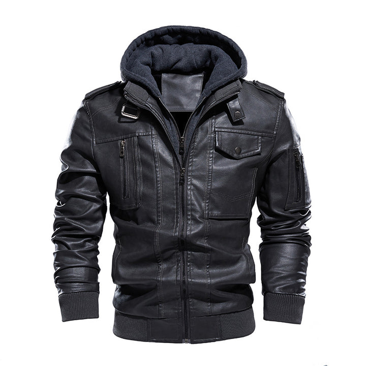 Herren Stilvolle und bequeme Lederjacke mit abnehmbarer Kapuze Aliams