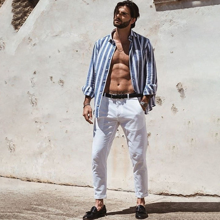 Herren stilvolles gestreiftes Leinenhemd Aliams