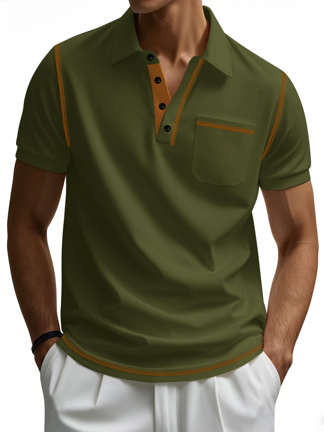 Herren sportliches Kurzarm-Polohemd mit Kontrastpaspelierung und Brusttasche Aliams