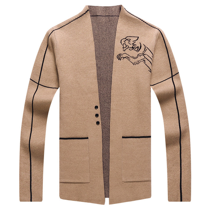 Herren elegante Strickjacke mit gesticktem Design und praktischen Taschen Aliams